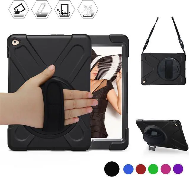 Main image of iPad Air2 case Heavy Duty Full-body Rugged Protective Case with Shoulder Strap / Hand Strap Rotating kickstand Three-Layer shockproof Silicone, Hard case cover for iPad Air 2 iPad 6 (2014)