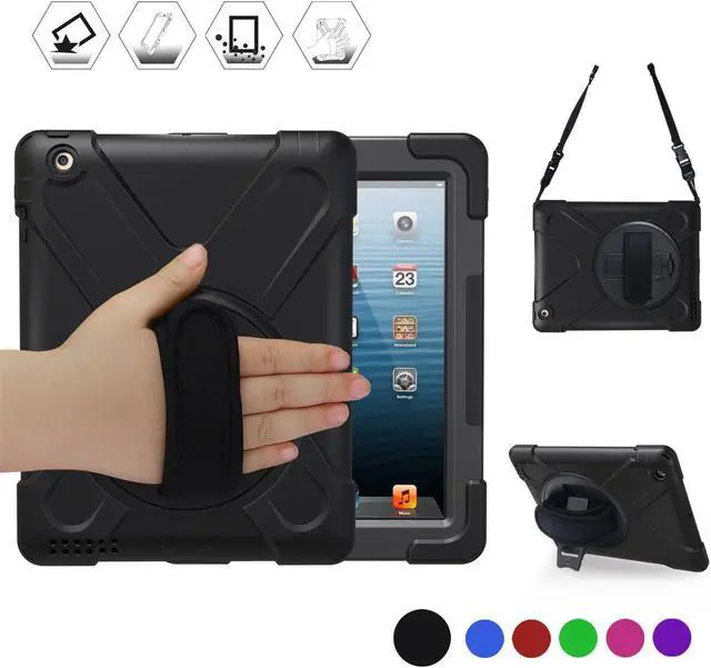 Main image of iPad 2 Case iPad 3 Case iPad 4 Case Heavy Duty Rugged Protective Case With Hand Grip Shoulder Strap & 360° Stand Shock Kids Proof Three Layer Hard Cover For Tablet Apple iPad 2 3 4th Gen