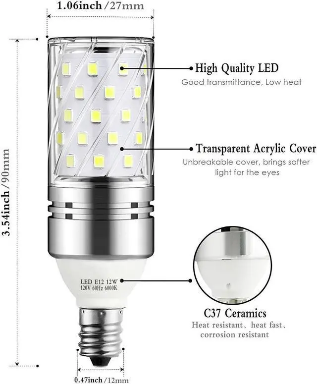 Alt view image 2 of 7 - 3 Packs 12W LED Corn Bulbs Non-dimmable Candelabra LED Light Bulbs 6000K Daylight White 1200LM E12 Base / 100W Incandescent Equivalent