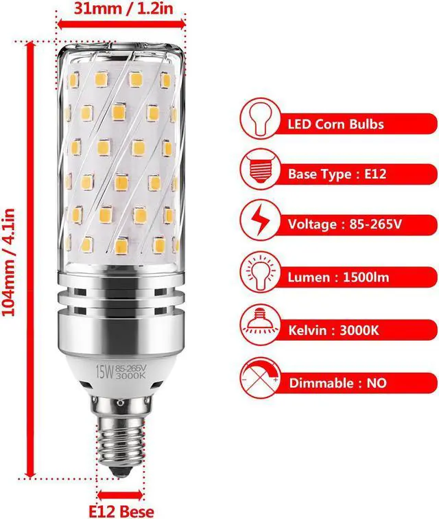 Alt view image 2 of 7 - E12 LED Corn Bulbs 15W LED Candelabra Light Bulbs 120 Watt Equivalent, 1500lm, Warm White 3000K LED Chandelier Bulbs Decorative Candle Base E12 Non-Dimmable LED Lamp (3-Pack)