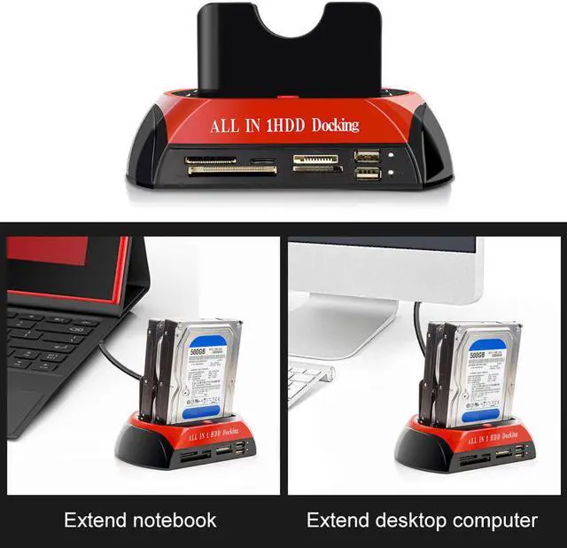 Alt view image 7 of 7 - 875J Dual Slots USB 2.0 to SATA IDE HDD Docking Station With Card Reader for 2.5 3.5 Inch IDE SATA Hard Drive (No Support the WD IED Hard Drive)