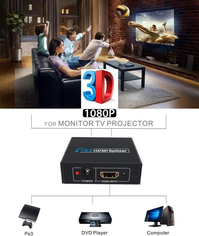 Alt view image 4 of 7 - HDMI Splitter 1x2 1 Input 2 Output HDMI Amplifier HDMI Switch Box Hub HDMI Signal Distributor Connector Repeater Support 3D Full HD 1080p For PS4 XBOX 360 DVD Blu-ray TV DVD Monitor Projector