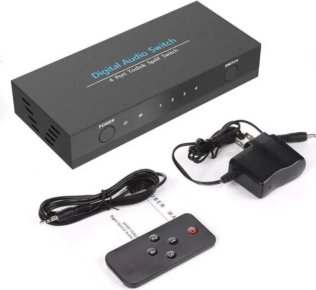 Alt view image 6 of 6 - 4 x 1 Optical SPDIF Switch Digital Audio Input 4 Port TOSLINK Switcher Box Selector with IR Control Power Adapter