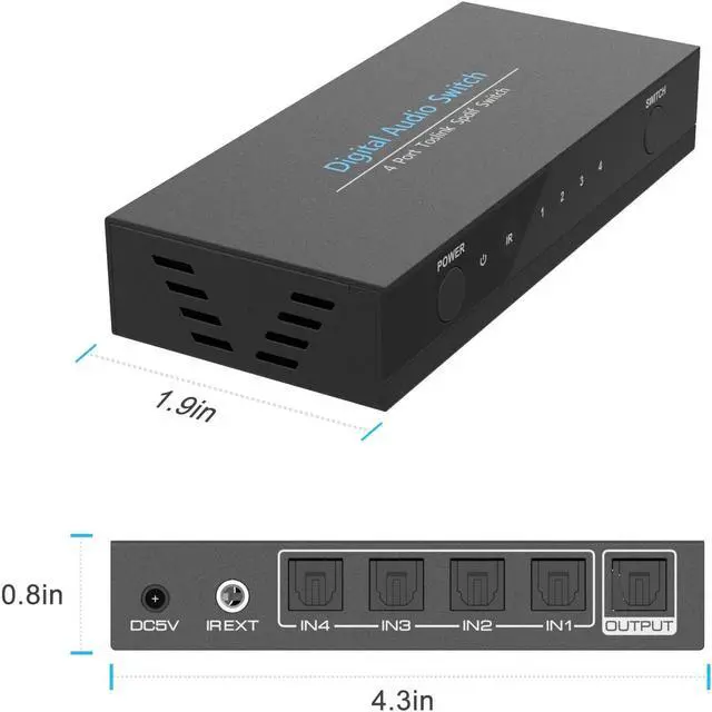 Alt view image 2 of 6 - 4 x 1 Optical SPDIF Switch Digital Audio Input 4 Port TOSLINK Switcher Box Selector with IR Control Power Adapter