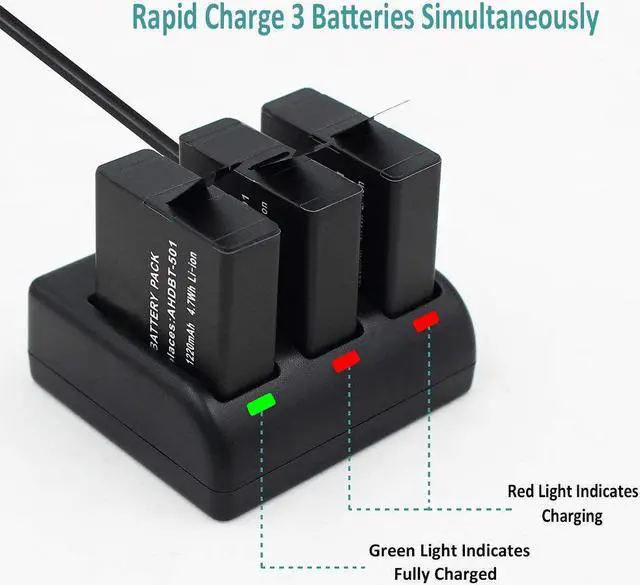Alt view image 3 of 6 - Replacement Battery (2-Pack) & Rapid 3-Channel Battery Charger for GoPro HERO (2018) / GoPro HERO 6 / HERO 5 Black (Compatible with Firmware v01.55, v01.57 and v02.00, v02.51, v02.60)