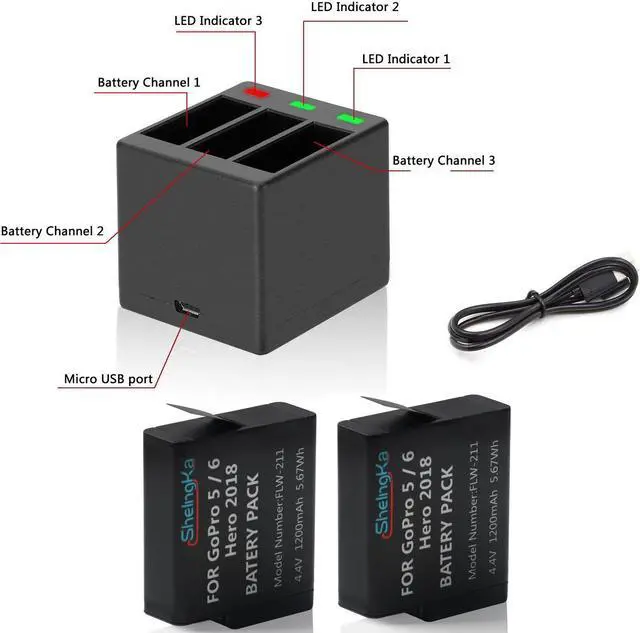 Alt view image 7 of 7 - 2 Pack Rechargeable Battery and 3-Channel Charger for GoPro HERO (2018) GoPro HERO 5 HERO 6 HERO 5 Black HERO 6 Black (Fully compatible with original camera)