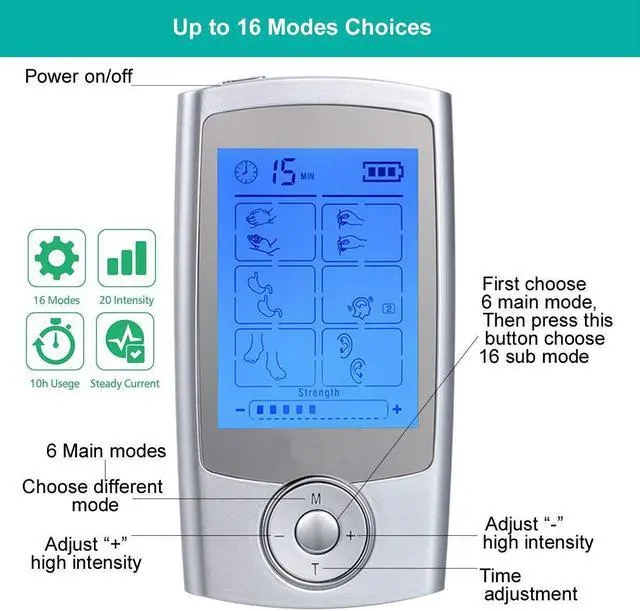 Alt view image 2 of 7 - Rechargeable ens Unit FDA Cleared 16 Modes Electric Muscle Stimulator TENS EMS Machine with 8 Pads Pain Relief Body Back Pulse Massager