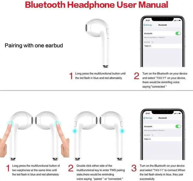 Alt view image 7 of 7 - Wireless Earbuds Bluetooth Headphones Stereo Earphone Built-In Mic with Charging Case Cordless Sport Headsets for AirPods iPhone X 8 7 plus 6 6s plus Android Samsung Galaxy