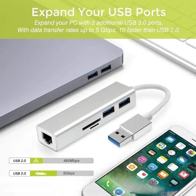 Alt view image 7 of 7 - USB Hub, 5 in 1 USB 3.0 to Ethernet Hub Adapter, USB 3.0 Adapter with SD/TF Card Reader, RJ45 Gigabit Network, 2 USB 3.0 Ports for Macbook Surface Pro Chromebook, Support Mac OS Windows Linux