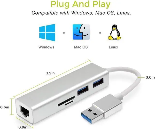 Alt view image 6 of 7 - USB Hub, 5 in 1 USB 3.0 to Ethernet Hub Adapter, USB 3.0 Adapter with SD/TF Card Reader, RJ45 Gigabit Network, 2 USB 3.0 Ports for Macbook Surface Pro Chromebook, Support Mac OS Windows Linux