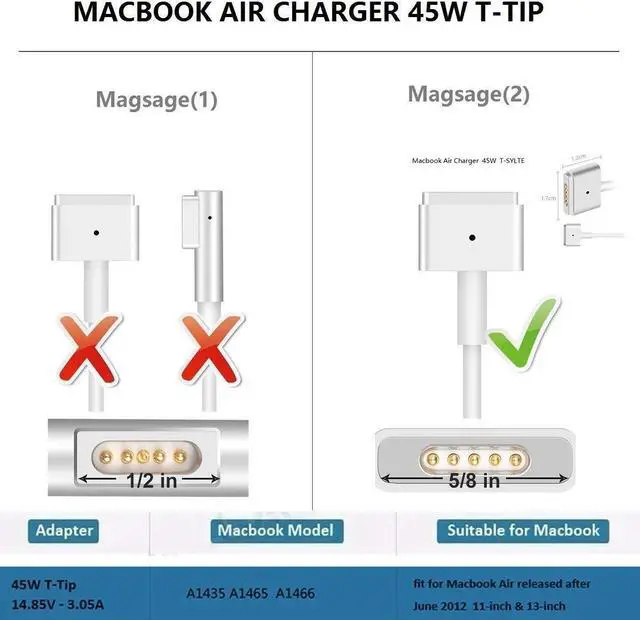 Alt view image 3 of 7 - Macbook Air Charger 45W MagSafe 2 Power Adapter Magnetic T-Tip AC Charger for Macbook Air 11 Inch and Macbook 13-inch