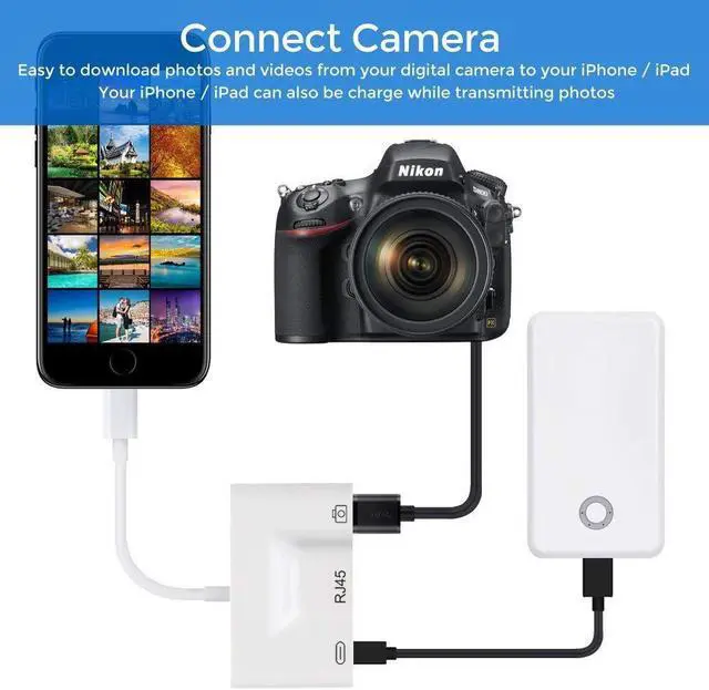 Alt view image 4 of 7 - Lightning to RJ45 Ethernet LAN Wired Network Adapter iPhone Ethernet Adapter Lightning to USB Camera Reader Adapter Charging Data Sync OTG Adapter for iPhone iPad Compatible With iOS 10.0 or Up