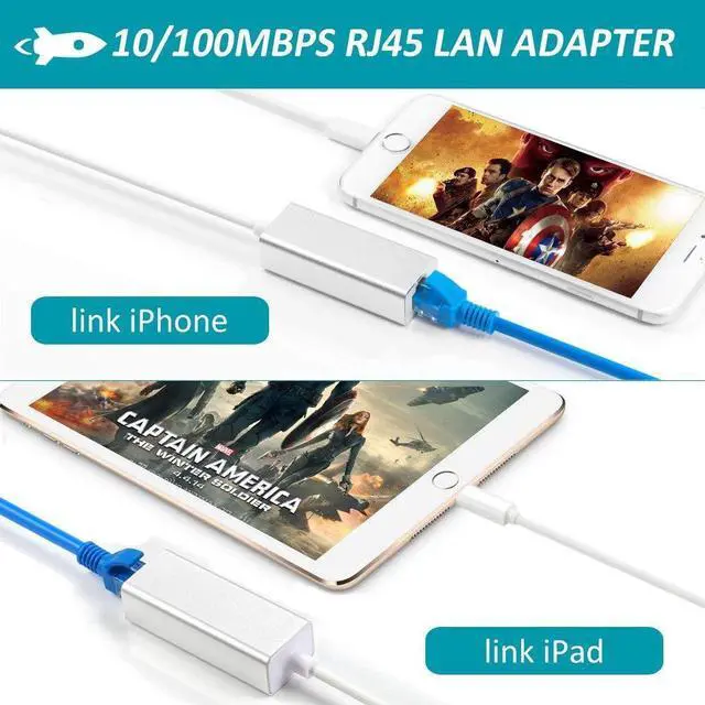 Alt view image 2 of 7 - Lightning to RJ45 Ethernet LAN Network Adapter for iPhone iPad iPhone Ethernet Adapter Lightning to Wired Network Cable Connector 10 / 100Mbps High Speed Required iOS 10.0 or Up