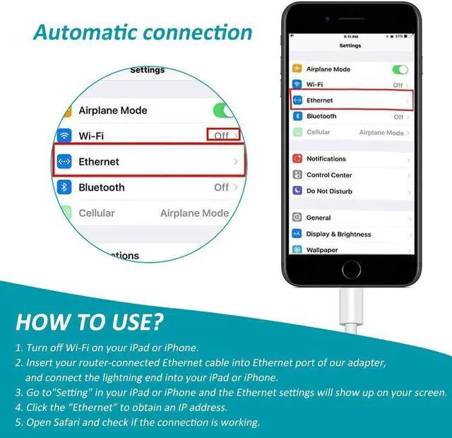 Alt view image 6 of 7 - Lightning to RJ45 Ethernet LAN Network Adapter for iPhone iPad iPhone Ethernet Adapter Lightning to Wired Network Cable Connector 10 / 100Mbps High Speed Required iOS 10.0 or Up