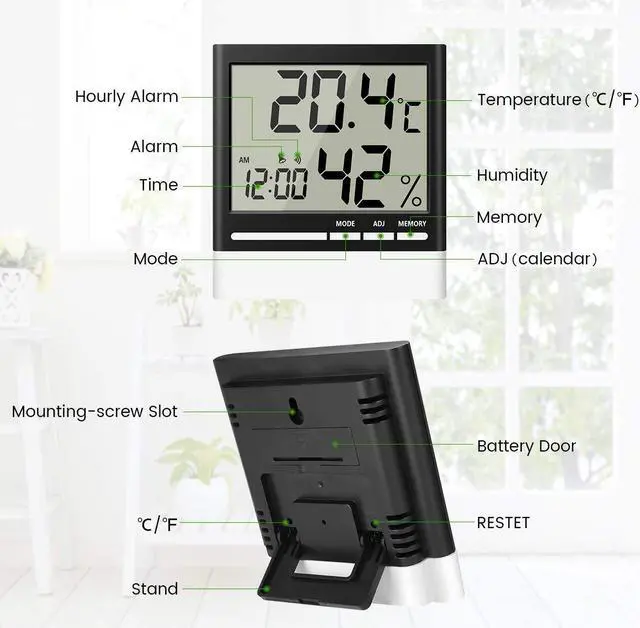 Alt view image 2 of 7 - Temperature Hygrometer, Indoor Thermometers Humidity Monitor with LCD Display, Home Digital Dual Wall Alarm Clock with Day, Date - Battery Included