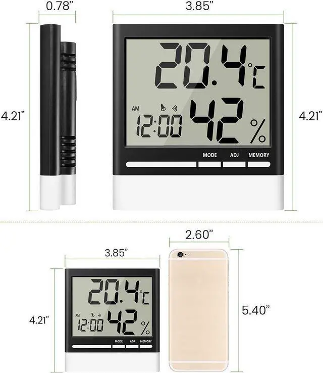 Alt view image 5 of 7 - Temperature Hygrometer, Indoor Thermometers Humidity Monitor with LCD Display, Home Digital Dual Wall Alarm Clock with Day, Date - Battery Included