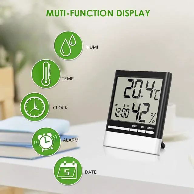 Alt view image 4 of 7 - Temperature Hygrometer, Indoor Thermometers Humidity Monitor with LCD Display, Home Digital Dual Wall Alarm Clock with Day, Date - Battery Included