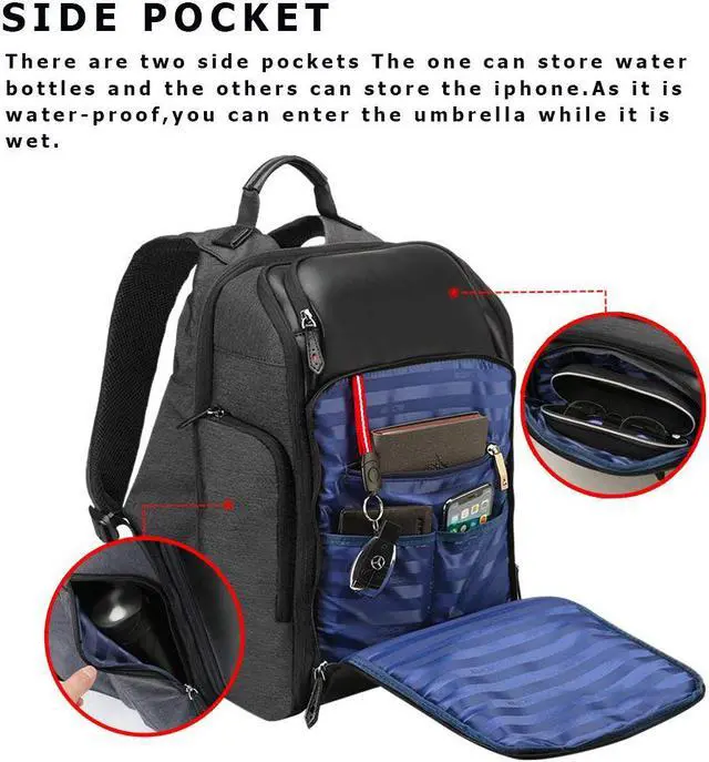 Alt view image 3 of 7 - Bopai Business 15.6 inch Laptop Backpack Invisible Water Bottle Pocket Anti-theft Laptop Rucksack USB Charging Port and Anti-explosion Zipper Water Resistant Travel Anti-thief Men Backpack Black