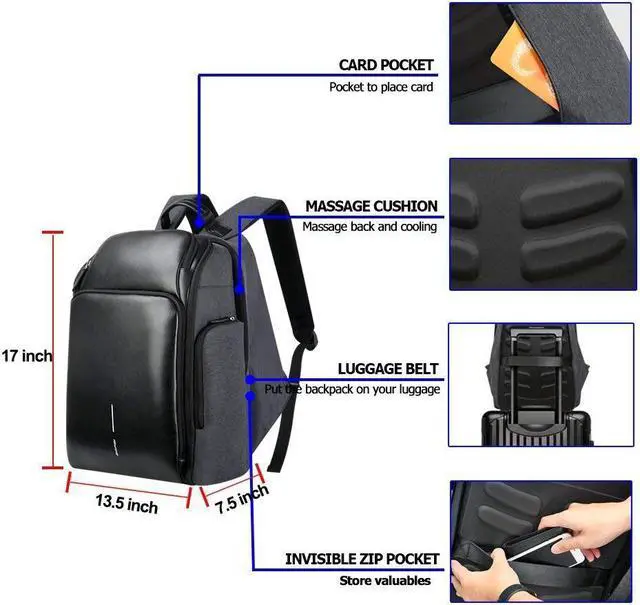 Alt view image 5 of 7 - Bopai Business 15.6 inch Laptop Backpack Invisible Water Bottle Pocket Anti-theft Laptop Rucksack USB Charging Port and Anti-explosion Zipper Water Resistant Travel Anti-thief Men Backpack Black