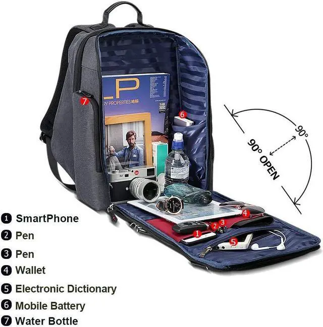 Alt view image 4 of 7 - Bopai Business 15.6 inch Laptop Backpack Invisible Water Bottle Pocket Anti-theft Laptop Rucksack USB Charging Port and Anti-explosion Zipper Water Resistant Travel Anti-thief Men Backpack Black