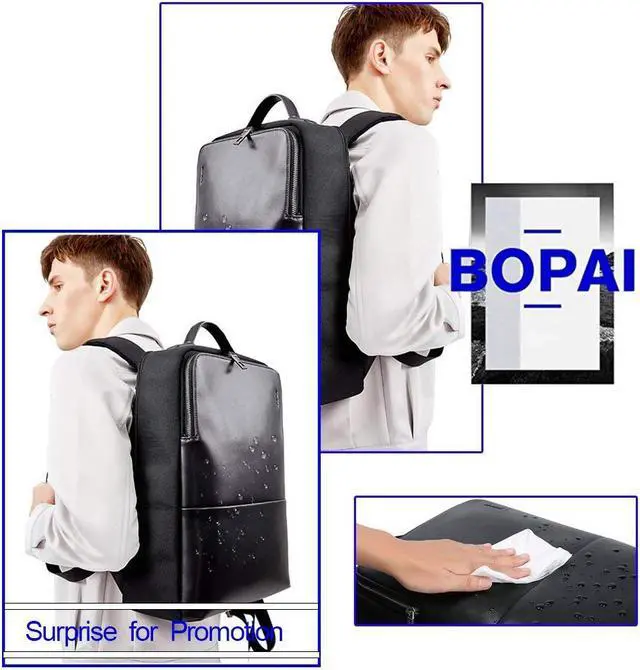 Alt view image 7 of 7 - Bopai Anti Theft Backpack 15 inch Laptop Business Slim College Shoulder Rucksack Water-Resistant Synthetic Leather Backpack men Black