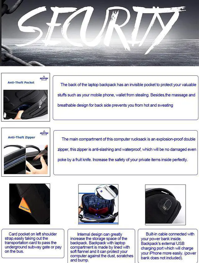Alt view image 7 of 7 - Bopai Business 15.6 inch Laptop Backpack Travel Bag Invisible Water Bottle Pocket Anti-theft Laptop Rucksack with USB Charging Port and Anti-explosion Zipper Water Resistant Travel Anti-thief Men Back