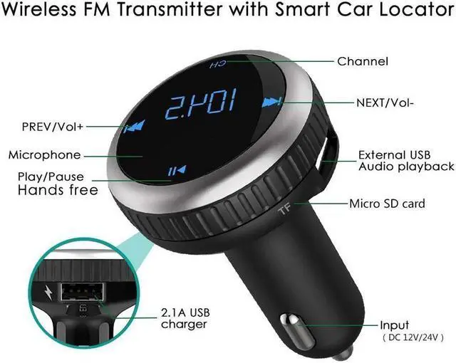 Alt view image 2 of 7 - Bluetooth FM Transmitter Car Charger with Smart Locator 5V 2.1A USB Charging Port Wireless In-Car Radio Adapter Car Kit MP3 Player Hands-free Call for iPhone Samsung Smartphone Silver
