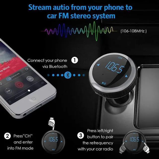Alt view image 5 of 7 - Bluetooth FM Transmitter Car Charger with Smart Locator 5V 2.1A USB Charging Port Wireless In-Car Radio Adapter Car Kit MP3 Player Hands-free Call for iPhone Samsung Smartphone Silver