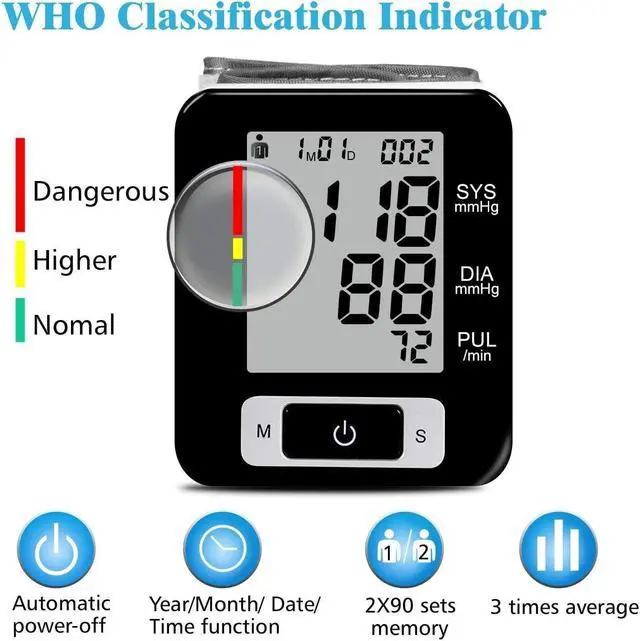 Alt view image 2 of 6 - Wrist Blood Pressure Monitor, Digital BP Monitor with Memory Storage Intelligent LCD Display Automatically Measure Pulse Diastolic Systolic and Shows Hypertension Level