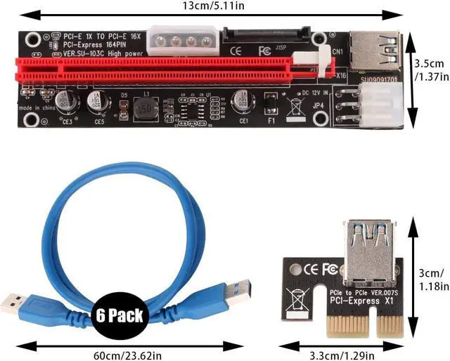 Alt view image 5 of 7 - 6 Pack Latest PCI-E Riser Express Cable 16X TO 1X ( 6pin / MOLEX / SATA ) With Led Graphics Extension Ethereum ETH Mining Powered Riser Adapter Card+60cm USB 3.0 Cable