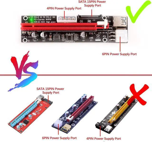 Alt view image 2 of 7 - 6 Pack Latest PCI-E Riser Express Cable 16X TO 1X ( 6pin / MOLEX / SATA ) With Led Graphics Extension Ethereum ETH Mining Powered Riser Adapter Card+60cm USB 3.0 Cable