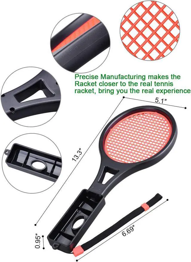 Alt view image 2 of 7 - Tennis Racket for Nintendo Switch Joy-Con Tendak Game Accessories for Mario Tennis Aces Game with 12 in 1 Game Card Case - 2 Pack Black + Red