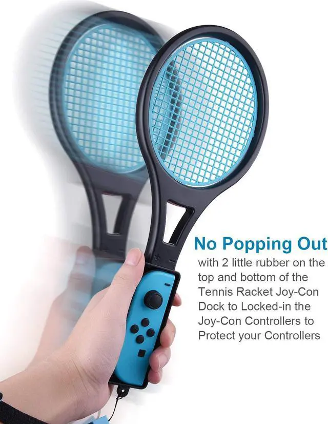 Alt view image 6 of 7 - Tennis Racket for Nintendo Switch Joy-Con Tendak Game Accessories for Mario Tennis Aces Game with 12 in 1 Game Card Case - 2 Pack Black + Red