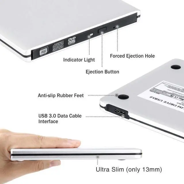 Alt view image 2 of 7 - USB 3.0 External DVD Drives Werleo Portable Ultra-Thin CD/DVD-RW Burner Writer Player for Laptop Notebook PC Desktop Computer High Speed Data Transfer Support Windows XP Vista 7 8 2000 Mac Silver