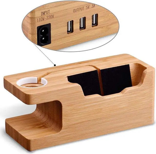 Main image of USB Charging Stand Werleo Phone Stand with 3 USB Port Bamboo Wood Charging Dock Station for 38mm and 42mm Apple Watch & Apple iPhone X 8 8 Plus 6s 6 Plus 5S 5 7 7 Plus and Other Smartphone