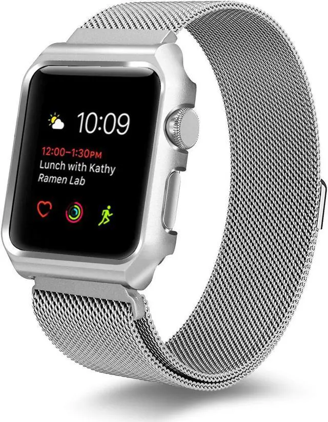Alt view image 3 of 5 - Compatible for Apple Watch Band 38mm with Case Milanese Loop Stainless Steel Magnetic Band with Metal Case for iWatch Series 1 2 3 Shockproof Protective Bumper Replacement Strap 38mm