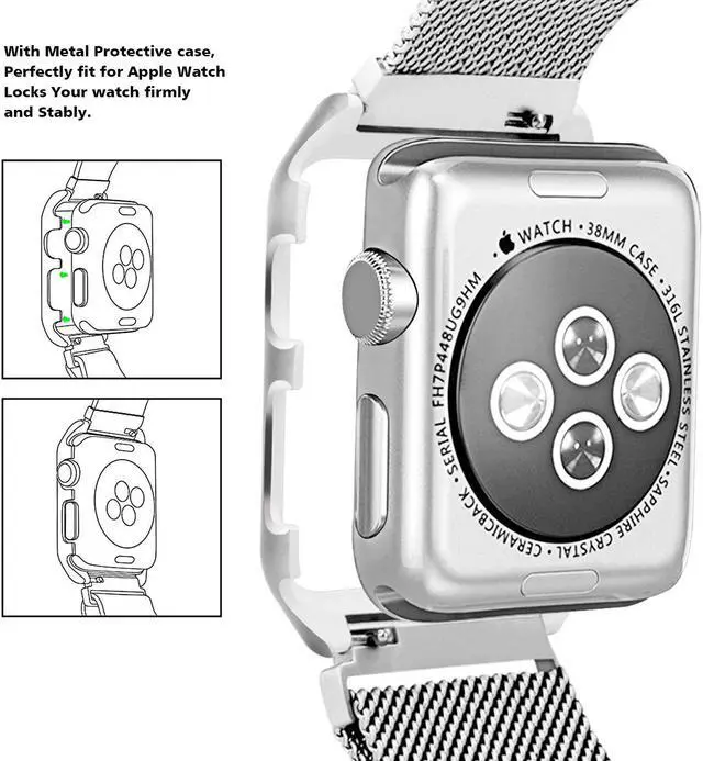 Alt view image 4 of 5 - Compatible for Apple Watch Band 38mm with Case Milanese Loop Stainless Steel Magnetic Band with Metal Case for iWatch Series 1 2 3 Shockproof Protective Bumper Replacement Strap 38mm