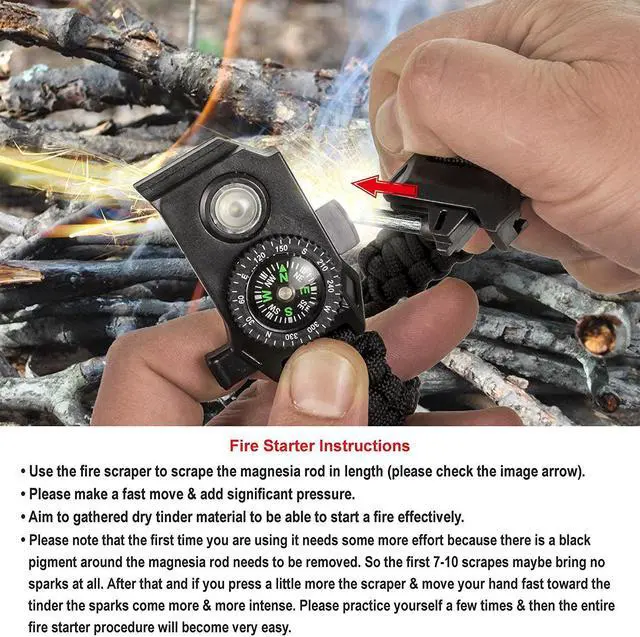 Alt view image 4 of 7 - 2 Packs Survival Paracord Bracelet with Compass Fire Starter LED Light SOS Emergency Knife Whistle for Outdoor Camping Hiking Travel