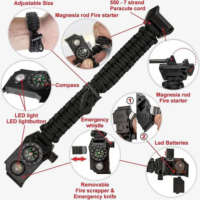 Alt view image 2 of 7 - 2 Packs Survival Paracord Bracelet with Compass Fire Starter LED Light SOS Emergency Knife Whistle for Outdoor Camping Hiking Travel