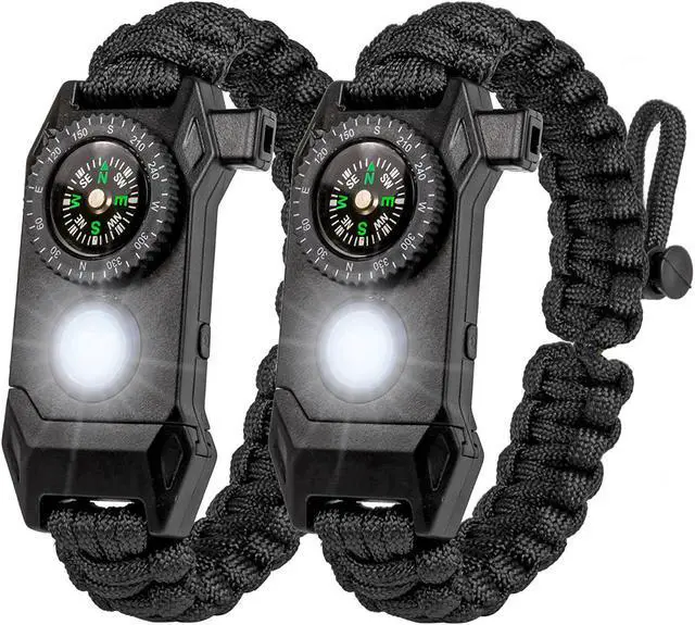 Main image of 2 Packs Survival Paracord Bracelet with Compass Fire Starter LED Light SOS Emergency Knife Whistle for Outdoor Camping Hiking Travel