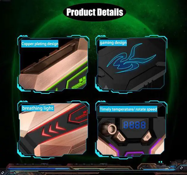 Alt view image 3 of 6 - Metal Laptop Cooler Fan with Temperature Display Powerful Gaming External Air Vacuum Faster Portable Quiet Cooling Pad USB Powered for Gaming Laptop Nintendo Switch Notebook Computer PC