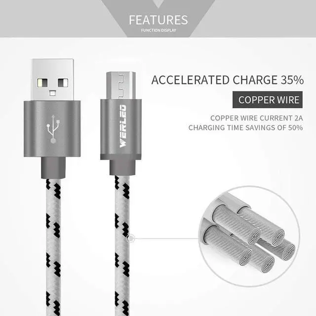 Alt view image 4 of 6 - Micro USB Cable Charger Werleo 2 Pack 6ft Nylon Braided High Speed USB 2.0 A Male to Micro USB Male Cable USB Data Sync Charging Cable Power Cord For Android Samsung HTC Motorola Blackberry LG Tablets
