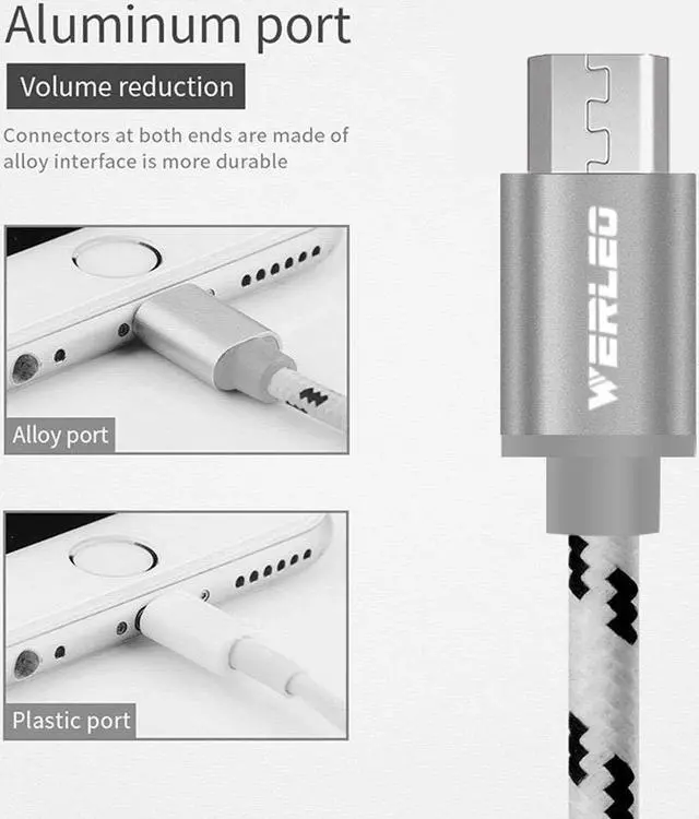 Alt view image 2 of 6 - Micro USB Cable Charger Werleo 2 Pack 6ft Nylon Braided High Speed USB 2.0 A Male to Micro USB Male Cable USB Data Sync Charging Cable Power Cord For Android Samsung HTC Motorola Blackberry LG Tablets