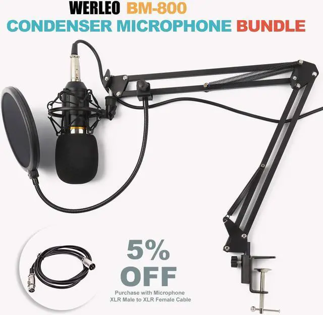 Alt view image 5 of 6 - Werleo Condenser Microphone XLR to 3.5mm Podcasting Studio Recording Condenser Microphone Kit Computer Mics with Adjustable Mic Suspension Scissor Arm Metal Shock Mount Double-layer Pop Filter Silver