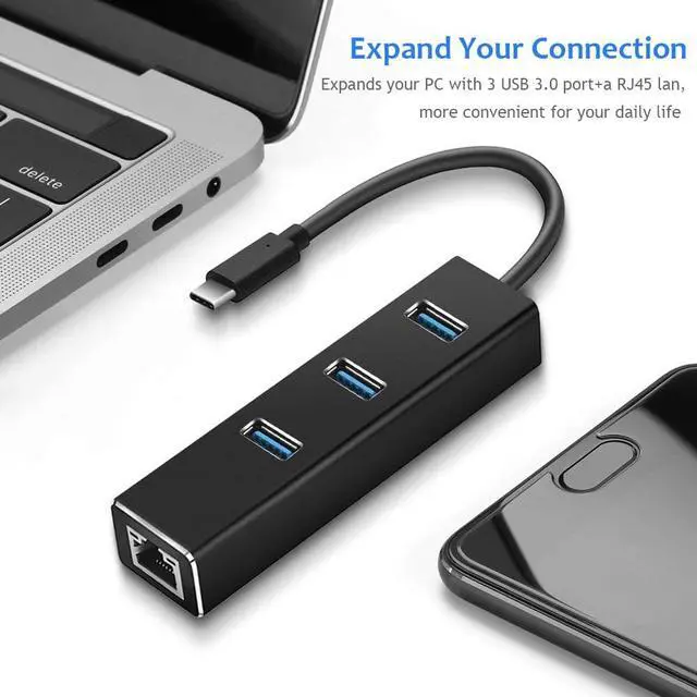 Alt view image 4 of 7 - USB C Hub Werleo Aluminum Type C Adapter to USB 3.0 Portable Data Hub with 10 100 1000 Mpbs RJ45 Gigabit Ethernet LAN Network Adapter Converter for Macbook Windows OS Linux and More Black