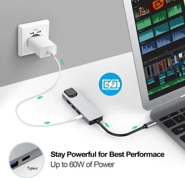 Alt view image 7 of 7 - USB C Hub Multiport Adapter 5-in-1 USB 3.1 Type C Thunderbolt 3 with 4K HDMI Video Output RJ45 Gigabit Ethernet 2 USB 3.0 Ports USB C Power Charging for MacBook Pro ChromeBook Pixel USB-C Devices