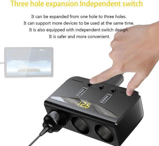 Alt view image 4 of 7 - Cigarette Lighter Splitter 3-in-1 12v / 24v 120W 3-Socket Cigarette Lighter 3.1A Car Charger Power Adapter with Voltage Display Dual USB Car Charger DC Outlet Splitter with On Off Switch