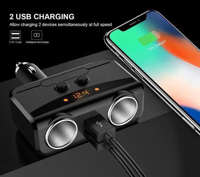 Alt view image 5 of 7 - Cigarette Lighter Adapter 80W 2 Socket Cigarette Lighter Power Adapter Convert DC Outlet Splitter LED Display Battery 12V / 24V 3.1A Fast Dual USB Car Charge Ports for iPhone Samsung and other Smartph