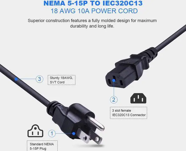 Alt view image 2 of 5 - Power Cord AC Power Extension Cable NEMA5-15P to IEC320C13 18 AWG SVT 125~250V Universal Power Cord for Desktop PC Computer Scanner Printer Monitor and Power Supply Replacement Cable