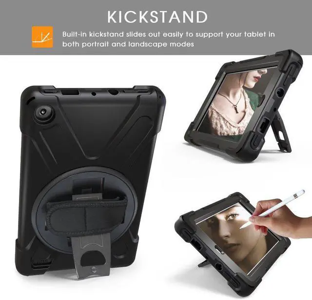Alt view image 2 of 7 - All New Amazon Fire HD 8 Case Shockproof Cover Heavy Duty Full Body Protective Case For Amazon Kindle Fire HD 8 2018 / 2017 Release 7th / 8th Generation Only With Stand Hand Strap and Shoulder Strap